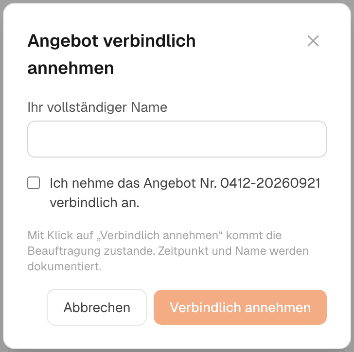 Annahme-Dialog auf der Freigabe-Seite des Kunden mit Namensfeld und Bestätigung