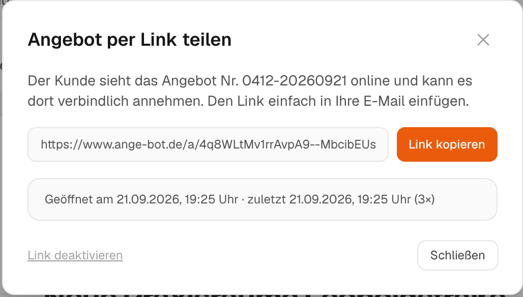 Dialog „Angebot per Link teilen“ mit Freigabe-Link und Öffnungsstatus