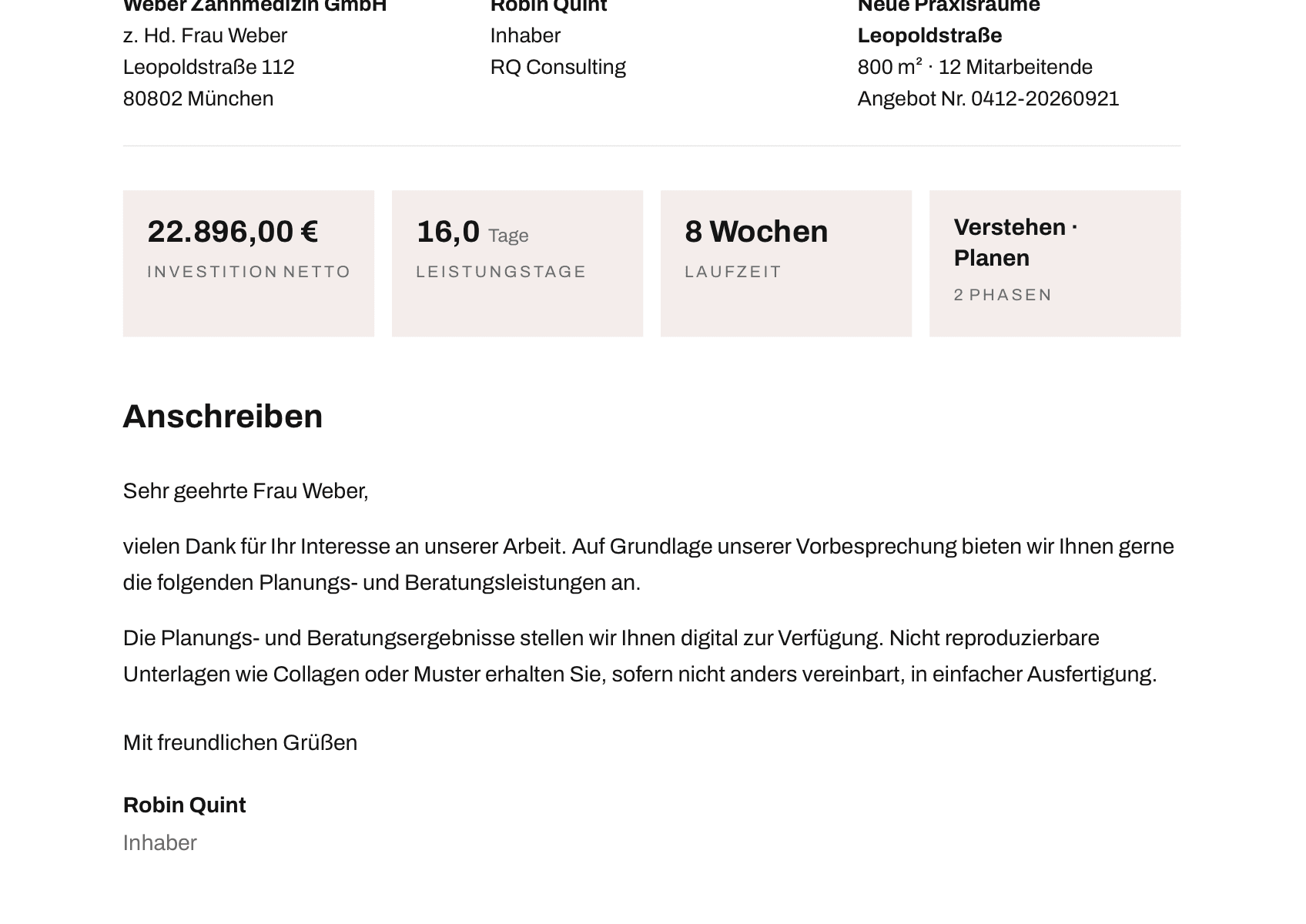 Kopf des exportierten Angebots als PDF im Layout Modern mit Kennzahl-Kacheln